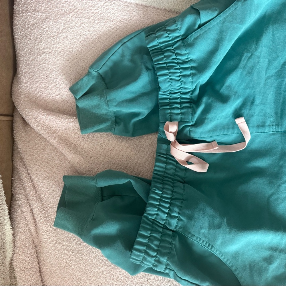 Figs Teal Track Jogger Pants with Pink Drawstring